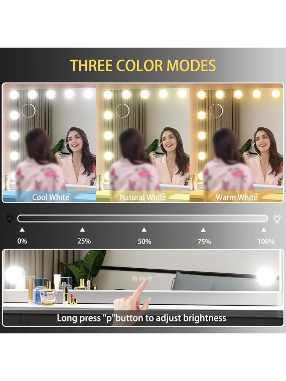 22.8 x 18.2 Vanity Makeup Mirror with Lights, 10X Magnification,Large Hollywood Lighted Vanity Mirror with 15 Dimmable LED Bulbs, USB Charger Port, Tabletop or Wall-Mounted White