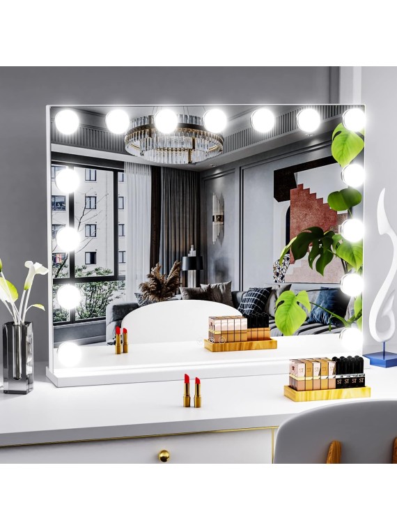 22.8 x 18.2 Vanity Makeup Mirror with Lights, 10X Magnification,Large Hollywood Lighted Vanity Mirror with 15 Dimmable LED Bulbs, USB Charger Port, Tabletop or Wall-Mounted White