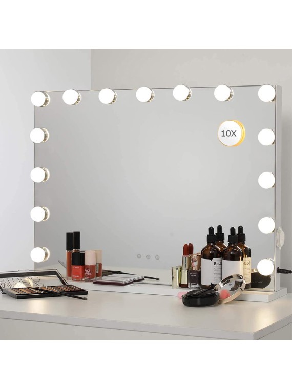 22.8"x 18.1" Vanity Mirror with Lights,Large Hollywood Lighted Makeup Mirror with 15 Dimmable LED Bulbs,3 Color Modes,Touch Control,10X Magnification for Bedroom,Tabletop or Wall-Mounted