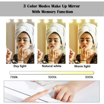 22.8"x 18.1" Vanity Mirror with Lights,Large Hollywood Lighted Makeup Mirror with 15 Dimmable LED Bulbs,3 Color Modes,Touch Control,10X Magnification for Bedroom,Tabletop or Wall-Mounted