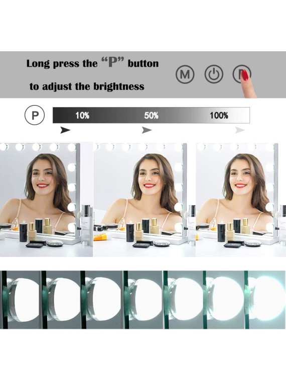 22.8"x 18.1" Vanity Mirror with Lights,Large Hollywood Lighted Makeup Mirror with 15 Dimmable LED Bulbs,3 Color Modes,Touch Control,10X Magnification for Bedroom,Tabletop or Wall-Mounted