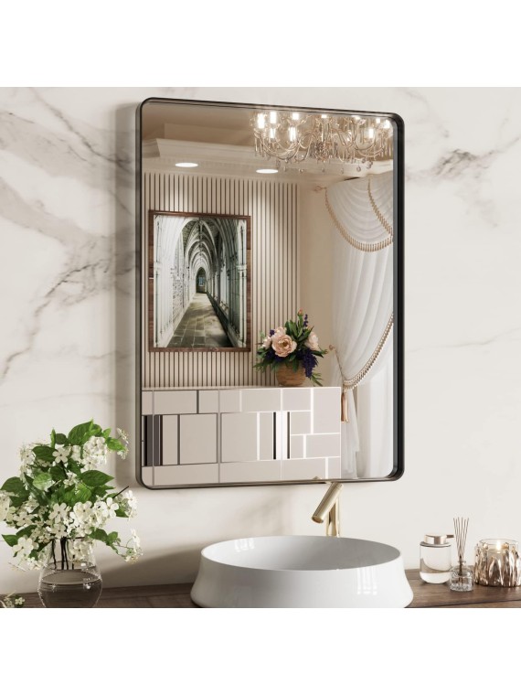 Black Bathroom Mirror 22X30 Inch, Rounded Rectangle Matte Black Bathroom Vanity Mirror, Black Metal Framed Mirror for Wall, Tempered Glass, Anti-Rust, Hangs Horizontal or Vertical