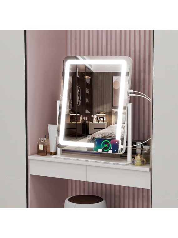 Vanity Mirror with Lights, 22"x18" LED Makeup Mirror, Large Lighted Mirror with Smart Touch 3 Colors Dimmable, Light Up Mirror for Makeup Desk, Bedroom, Dressing Room Tabletop, White