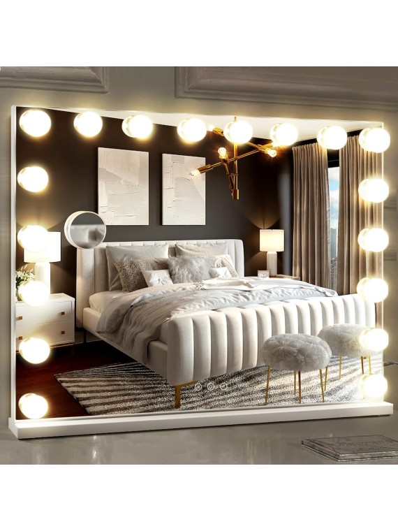 Hollywood Vanity Mirror with 18 Bulbs Lights, Large Lighted Makeup Mirror for Desk and Wall, Dimmable 3 Lighting Modes, Plug-in & USB Charger Port, White