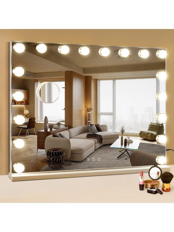 Hollywood Vanity Mirror with 18 Bulbs Lights, Large Lighted Makeup Mirror for Desk and Wall, Dimmable 3 Lighting Modes, Plug-in & USB Charger Port, White