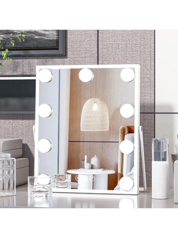 Hollywood Vanity Mirror with Lights, Vanity Makeup Mirror with 9 LED Bulbs, 3 Color Lighting Modes, U-Shaped Bracket, Smart Touch Control