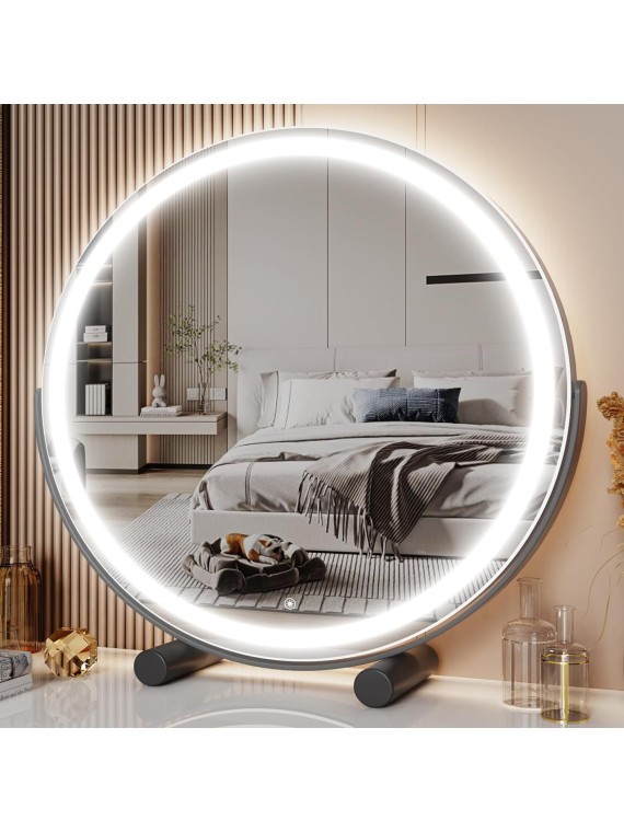 18" Vanity Mirror with Lights, LED Makeup Mirror, Large Round Mirror Lighted Makeup Mirror with Lights, Smart Touch Control 3 Colors Dimmable Mirror 360°Rotation Black