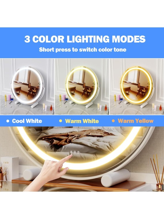 18" Vanity Mirror with Lights, LED Makeup Mirror, Large Round Mirror Lighted Makeup Mirror with Lights, Smart Touch Control 3 Colors Dimmable Mirror 360°Rotation Black