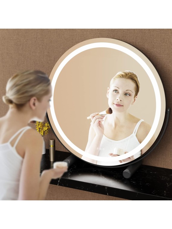 18" Vanity Mirror with Lights, LED Makeup Mirror, Large Round Mirror Lighted Makeup Mirror with Lights, Smart Touch Control 3 Colors Dimmable Mirror 360°Rotation Black