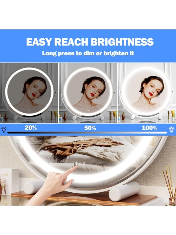 18" Vanity Mirror with Lights, LED Makeup Mirror, Large Round Mirror Lighted Makeup Mirror with Lights, Smart Touch Control 3 Colors Dimmable Mirror 360°Rotation White