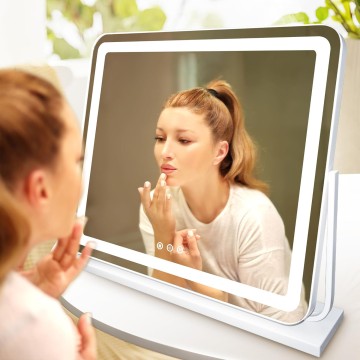 24"x21" Large Vanity Mirror with Lights, Lighted Makeup Mirror with Detachable 10X Magnification Mirror, 3 Colors Lighted Vanity Mirror Tabletop, 360°Rotation Lighting Standing Desk Mirror