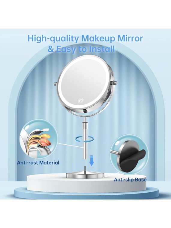 Lighted Makeup Mirror with Magnification, Adjustable Brightness & Height, 3 Light Colors, 360° Rotation, 10X Magnifying Mirror with Light, LED Vanity Mirror for Women - Chrome