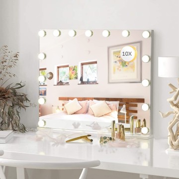 Vanity Mirror Makeup Mirror with Lights,10X Lens,22.8"x 18.1" Hollywood Lighted Vanity Mirror with 15 Dimmable LED Bulbs,3 Color Modes,Touch Control for Bedroom,Tabletop or Wall-Mounted