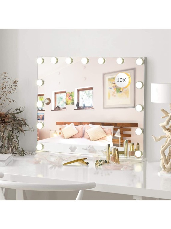 Vanity Mirror Makeup Mirror with Lights,10X Lens,22.8"x 18.1" Hollywood Lighted Vanity Mirror with 15 Dimmable LED Bulbs,3 Color Modes,Touch Control for Bedroom,Tabletop or Wall-Mounted