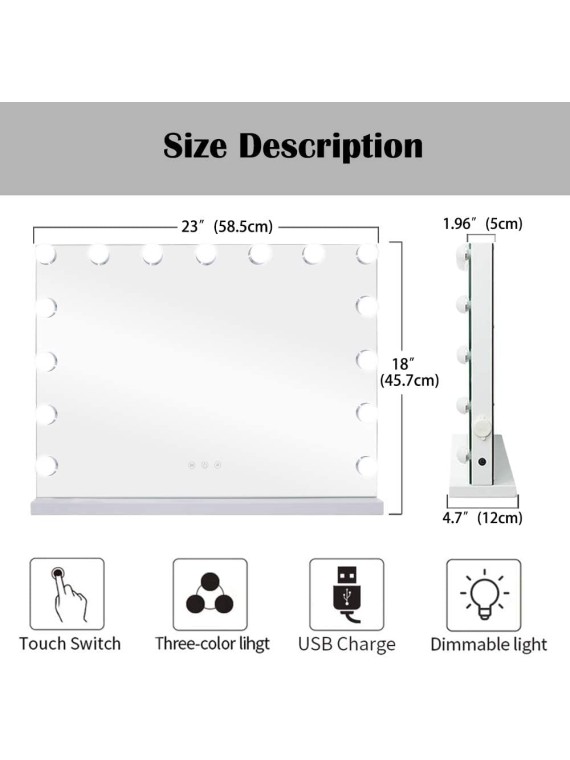 Vanity Mirror Makeup Mirror with Lights,10X Lens,22.8"x 18.1" Hollywood Lighted Vanity Mirror with 15 Dimmable LED Bulbs,3 Color Modes,Touch Control for Bedroom,Tabletop or Wall-Mounted