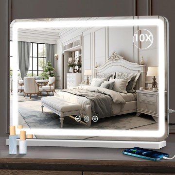 Vanity Mirror with Lights, 32" x 22" Large Makeup Hollywood Mirror for Desk, Lighted Vanity Make up Mirror with USB Charging, 3 Color Lighting Modes Tabletop or Wall Mount White