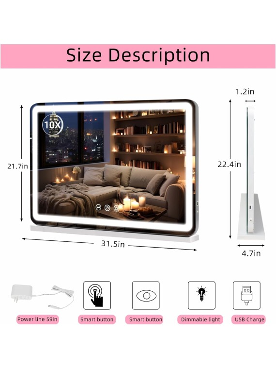 Vanity Mirror with Lights, 32" x 22" Large Makeup Hollywood Mirror for Desk, Lighted Vanity Make up Mirror with USB Charging, 3 Color Lighting Modes Tabletop or Wall Mount White