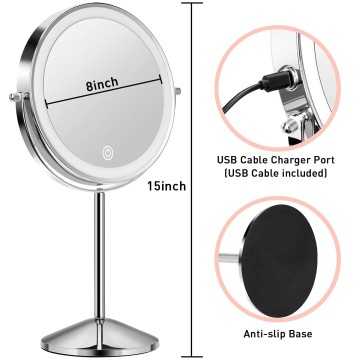 Lighted Makeup Mirror with Magnification, 10X 8’’Rechargeable Double Sided Vanity Mirror with Lights Magnifying Makeup Mirror with 3 Color Light with 360° Rotation, Detachable Base