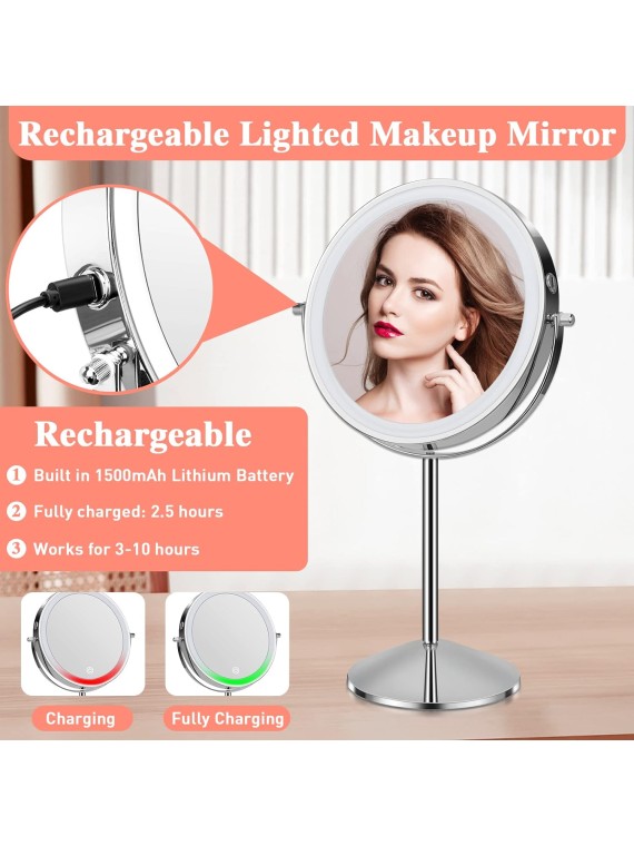 Lighted Makeup Mirror with Magnification, 10X 8’’Rechargeable Double Sided Vanity Mirror with Lights Magnifying Makeup Mirror with 3 Color Light with 360° Rotation, Detachable Base