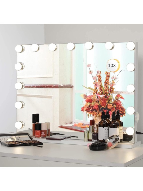 Vanity Mirror Makeup Mirror with Lights,10X Magnification,Large Hollywood Lighted Vanity Mirror with 15 Dimmable LED Bulbs,3 Color Modes,Touch Control for Bedroom,Tabletop or Wall-Mounted