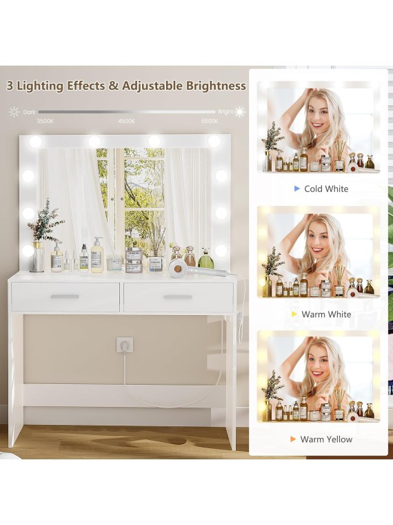 Vanity Desk with Large Lighted Mirror, Makeup Vanity with 10 Lights, 2 Drawers & Power Strip, Vanity Desk Set, Dressing Vanity Tables for Women Girls, Bedroom, White