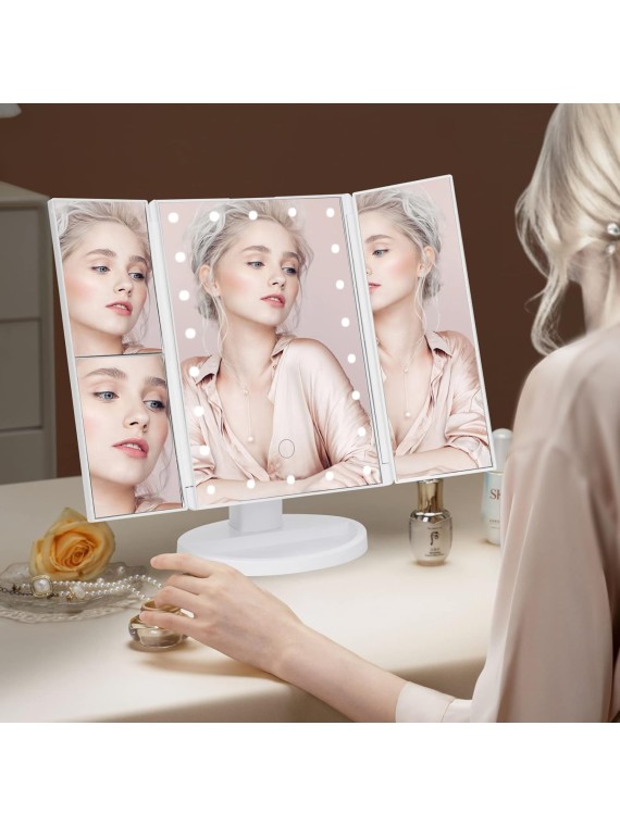 Trifold Vanity Mirror with Lights，Tabletop Mount Makeup Mirror with Lights and 1x/2x/3x Magnification 21LED Mirror Touch Screen Two Power Supply Modes Make Up Mirror