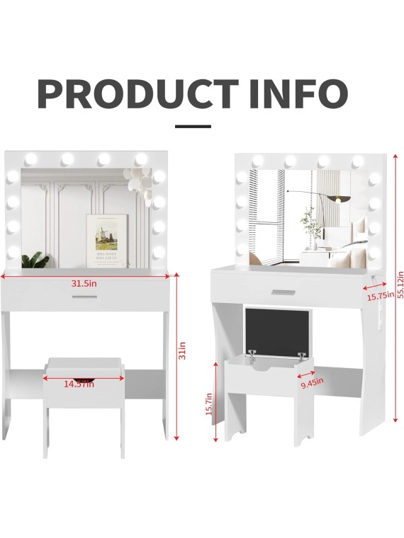 Makeup Vanity Desk with Mirror and 12 Lights 3 Color Modes, White Vanity Table for Bedroom with Charging Station, Vanity Set with Large Mirror and Storage Stool