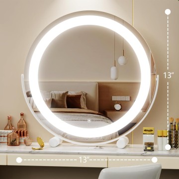 12" Vanity Mirror with Lights, LED Makeup Mirror, Large Round Mirror Lighted Makeup Mirror, Smart Touch Control 3 Colors Dimmable Mirror 360°Rotation White