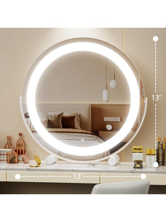 12" Vanity Mirror with Lights, LED Makeup Mirror, Large Round Mirror Lighted Makeup Mirror, Smart Touch Control 3 Colors Dimmable Mirror 360°Rotation White