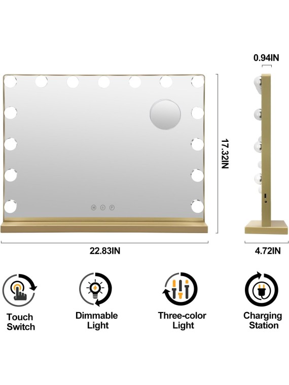 Vanity Mirror with Lights, Hollywood Mirror with 10X Magnification, Makeup Mirror with USB Charging Port, 3 Colors Modes, 15 Dimmable LED Bulbs, Touch Control, Metal Frame, Gold(22.8’’x17.3’’)