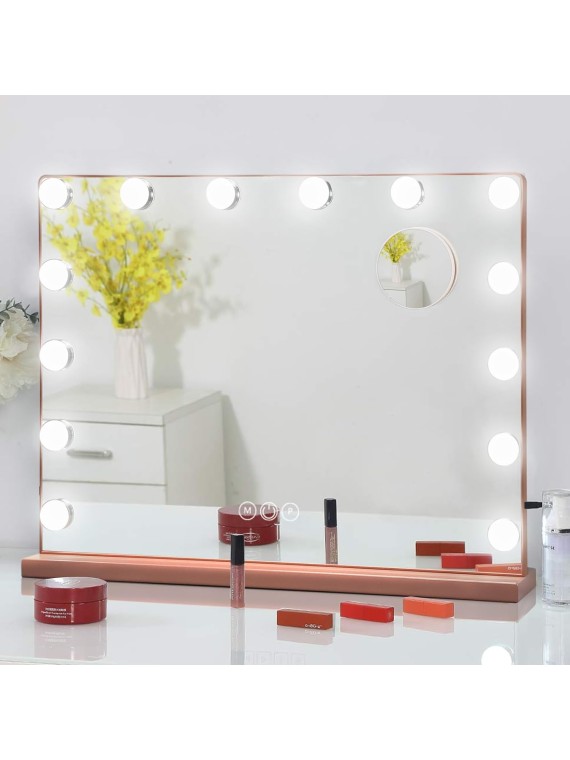 Hollywood Vanity Mirror with Lights, 20x16 Inch Makeup Mirror with Lights with 14 Dimmable LED Bulbs and 3 Colors Modes, 10X Magnification, Touch Control, USB Charging Port, Rose Gold