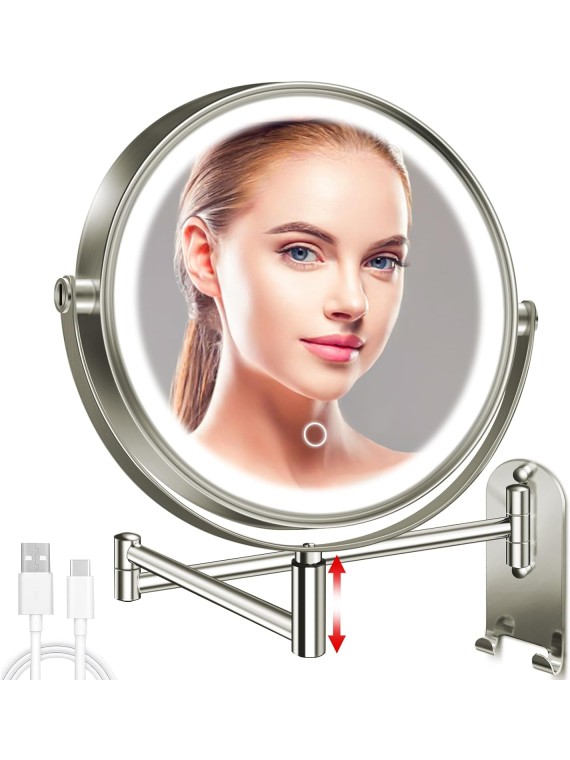 9" Wall Mounted Lighted Makeup Mirror, 3000mAh Rechargeable Double Sided 1X/10X Magnifying Mirror with Hook,3 Color Lights Dimmable 360° Rotation Vanity Mirror for Bathroom