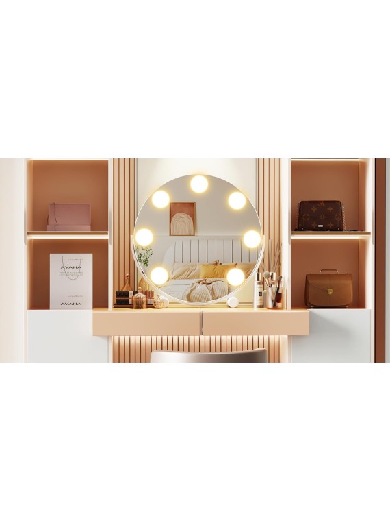 Vanity Mirror with Lights, 13" Hollywood Mirror Tabletop Makeup Mirror with 7 Dimmable LED Bulbs, Large Lighted Mirror for Bedroom Smart Touch Control 3 Colors Light 360°Rotation,