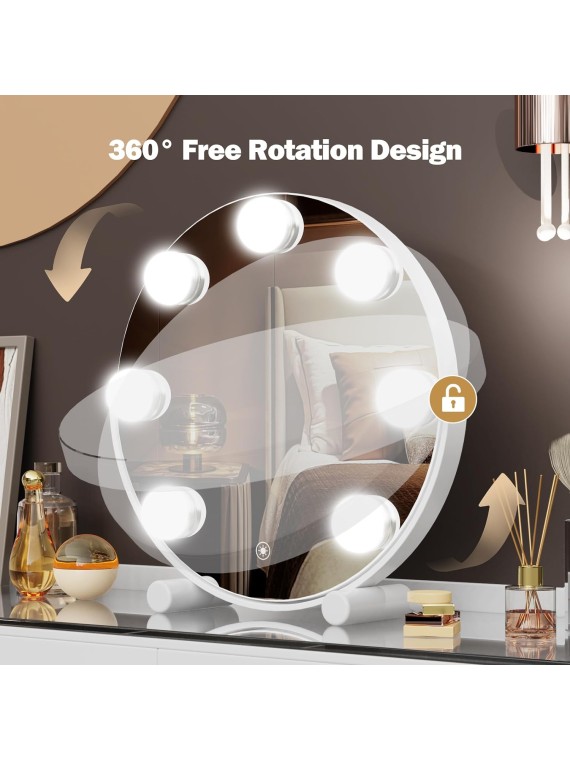 Vanity Mirror with Lights, 13" Hollywood Mirror Tabletop Makeup Mirror with 7 Dimmable LED Bulbs, Large Lighted Mirror for Bedroom Smart Touch Control 3 Colors Light 360°Rotation,