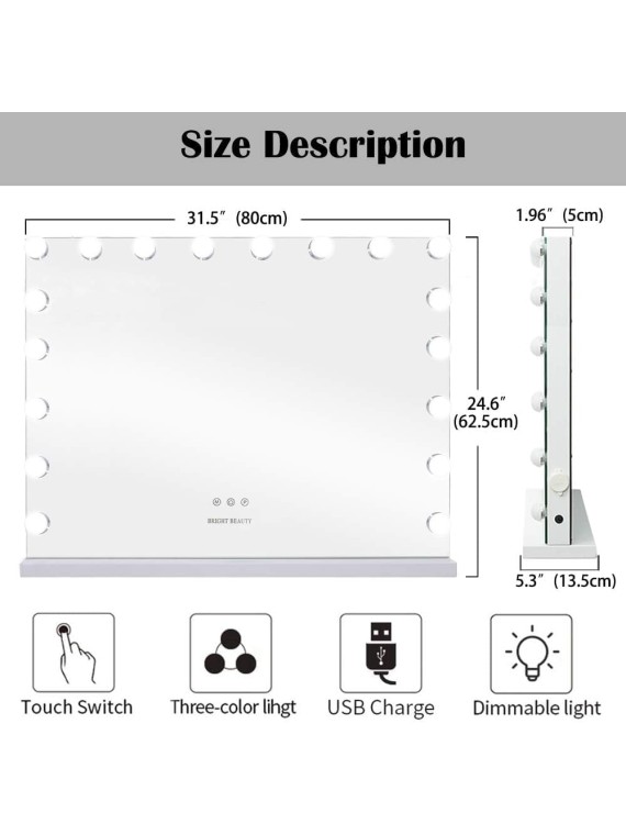 Vanity Mirror Makeup Mirror with Lights,Large Hollywood Lighted Vanity Mirror with 18 Dimmable LED Bulbs,3 Color Modes,Touch Control for Dressing Room & Bedroom,Tabletop or Wall-Mounted