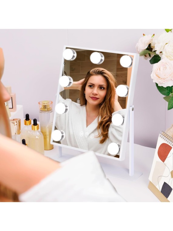 Vanity Makeup Mirror with Lights with 10X Magnification Lighted Hollywood Mirror with 9 LED Dimmable Bulbs Hollywood Vanity Mirror,11.8”x9.8”,360 Degree Rotation(White)