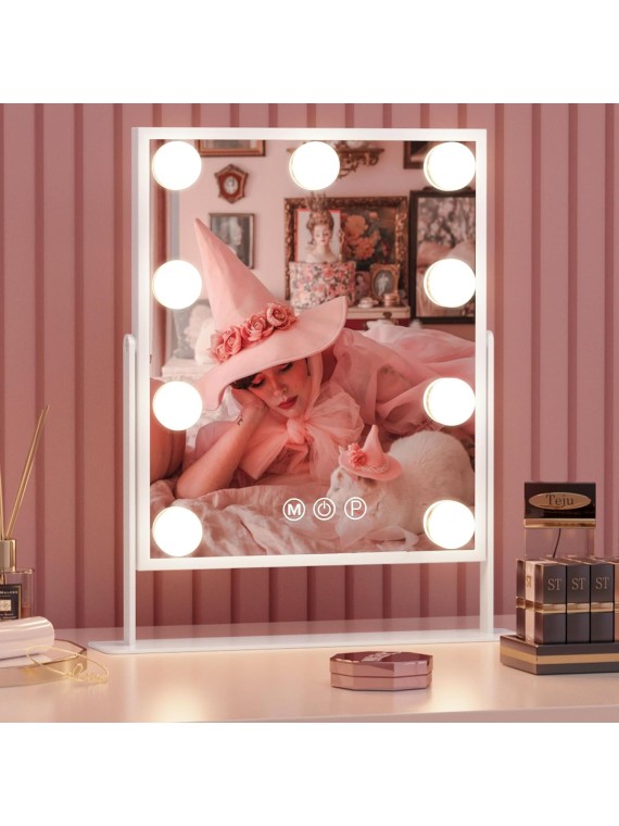 Vanity Makeup Mirror with Lights with 10X Magnification Lighted Hollywood Mirror with 9 LED Dimmable Bulbs Hollywood Vanity Mirror,11.8”x9.8”,360 Degree Rotation(White)