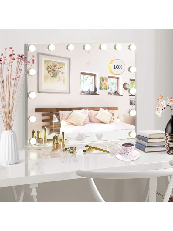 Vanity Mirror Makeup Mirror with Lights,10X Magnification,Large Hollywood Lighted Vanity Mirror with 15 Dimmable LED Bulbs,3 Color Modes,Touch Control for Bedroom,Tabletop or Wall-Mounted