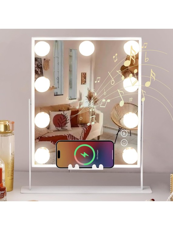 Vanity Mirror with Lights and Bluetooth, Wireless Charging Lighted Vanity Mirror with Phone Stand, 9-Bulb 3 Color Lighting Tabletop Lighted Makeup Mirror, 360°Rotation