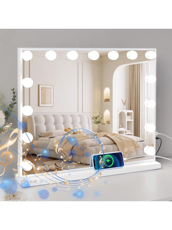 Vanity Mirror with Lights and Speaker Large Hollywood Vanity Mirror with 15 LED Bulbs and Smart Touch Control Desktop Makeup Mirror with 10X Magnification and USB Charge Port