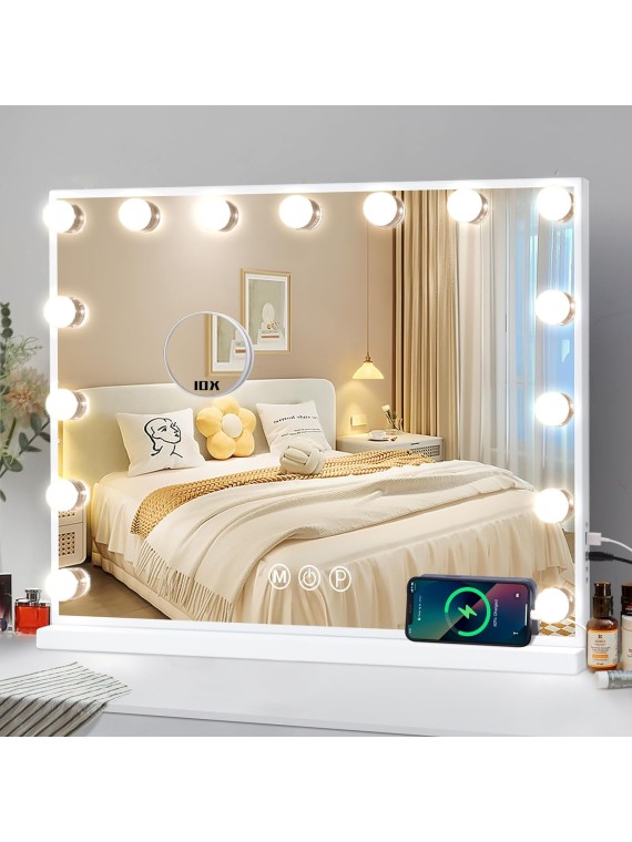 Vanity Mirror with Lights, Hollywood Mirror with 15 Dimmable Bulbs and USB Charging Port, 3 Color Lighted Makeup Mirror 10X Magnification Makeup Mirror with lights, Tabletop