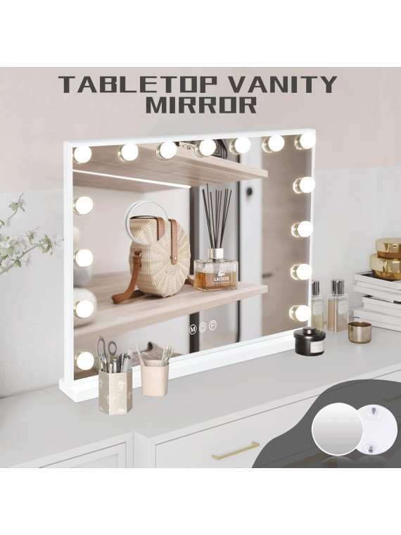 Vanity Mirror with Lights, Hollywood Mirror with 15 Dimmable Bulbs and USB Charging Port, 3 Color Lighted Makeup Mirror 10X Magnification Makeup Mirror with lights, Tabletop