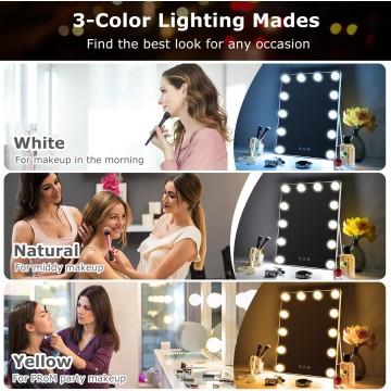 10"x 12" Vanity Mirror with Lights, Hollywood Lighted Makeup Mirror with 3 Color Modes and 12 Dimmable Diamond LED Light Bulbs, Touch Control for Bedroom, White