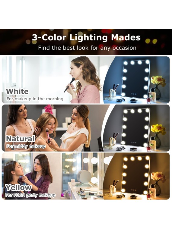 10"x 12" Vanity Mirror with Lights, Hollywood Lighted Makeup Mirror with 3 Color Modes and 12 Dimmable Diamond LED Light Bulbs, Touch Control for Bedroom, White