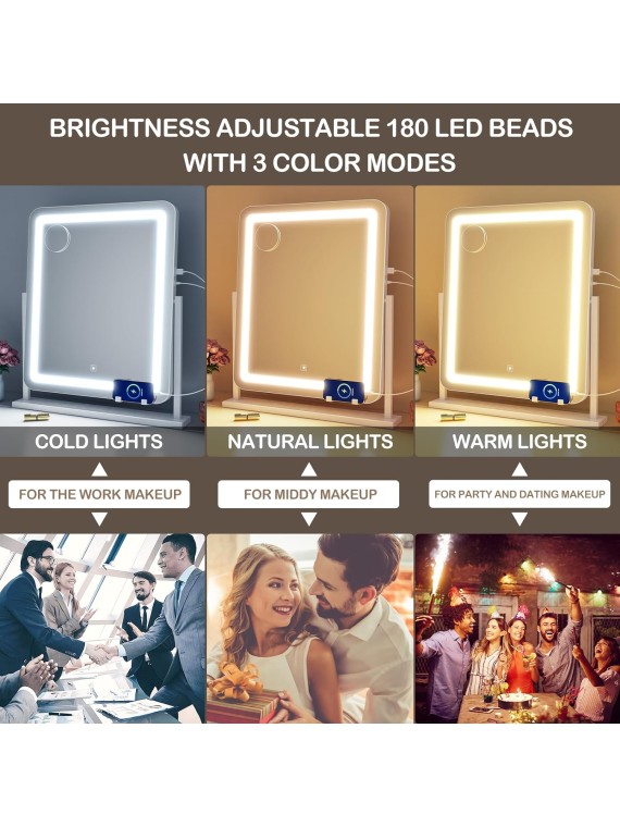 Makeup Vanity Mirror with Lights 15.2" Large LED Lighted Mirror, Hollywood Make Up Mirror with Lighting for Bedroom Tabletop, Smart Touch,Detachable 10X Magnification 360° Rotation, (White)