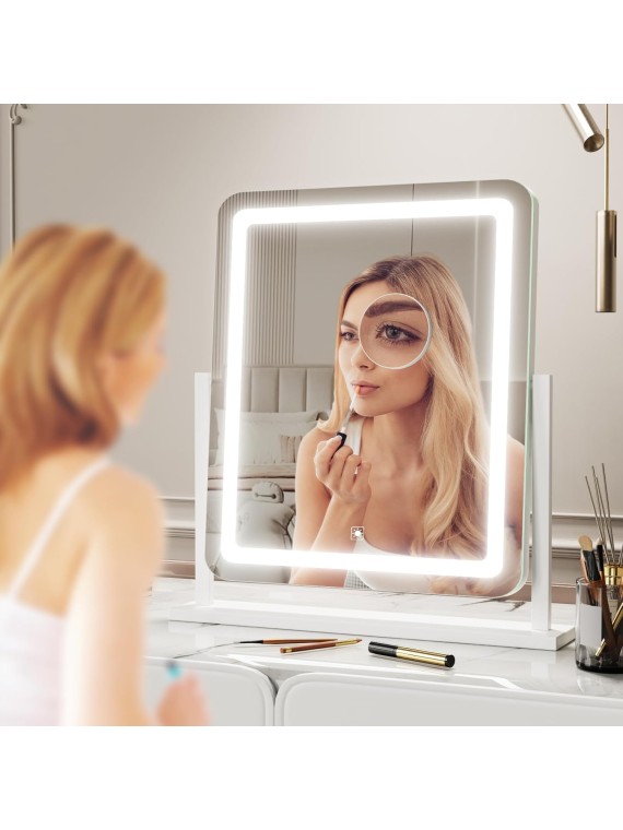 Makeup Vanity Mirror with Lights 15.2" Large LED Lighted Mirror, Hollywood Make Up Mirror with Lighting for Bedroom Tabletop, Smart Touch,Detachable 10X Magnification 360° Rotation, (White)