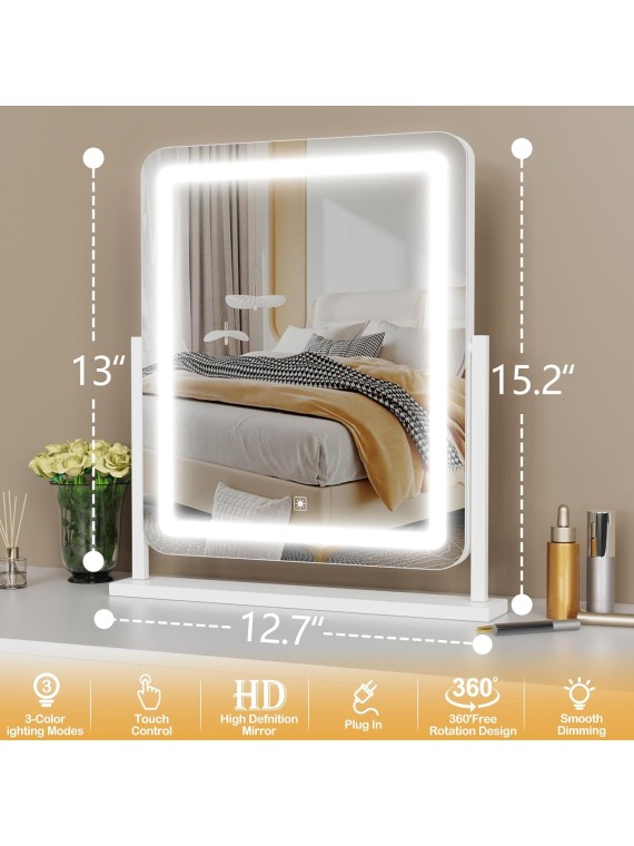 Makeup Vanity Mirror with Lights 15.2" Large LED Lighted Mirror, Hollywood Make Up Mirror with Lighting for Bedroom Tabletop, Smart Touch,Detachable 10X Magnification 360° Rotation, (White)