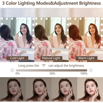 Hollywood Vanity Mirror with Lights, 17 Dimmable LED Bulbs 3 Color Lighted Makeup Mirror with Detachable 10X Magnification Mirror, Tabletop or Wall-Mounted, Touch Control