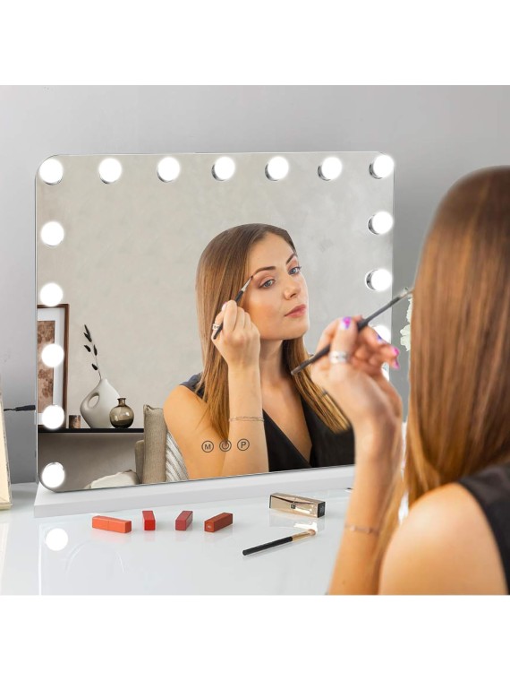 Hollywood Vanity Mirror with Lights, 17 Dimmable LED Bulbs 3 Color Lighted Makeup Mirror with Detachable 10X Magnification Mirror, Tabletop or Wall-Mounted, Touch Control