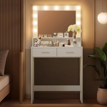 Vanity Desk with Mirror and Lights, Dressing Table with Large Drawer, 2 Level Storage Dresser & 3 Lighting Modes Adjustable Brightness, Suitable for Bedroom